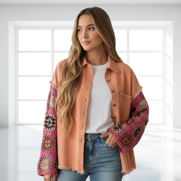 POL Patchwork Crochet Sleeve Denim Shacket | Bohemian Frayed Oversized Jacket M - Picture 1 of 13